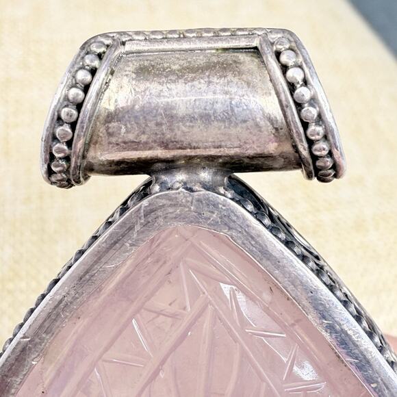 Vitnage Large Teardrop Carved Rose Quartz Sterling Silver Pendant Over 3 Inch - Picture 7 of 11